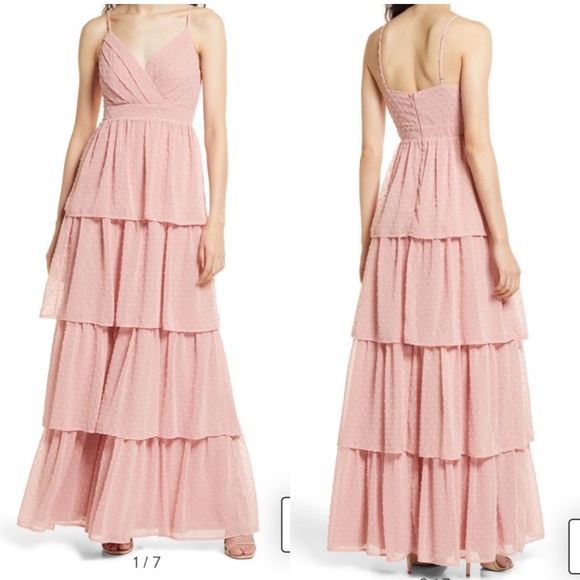 NWT S Lulus Love Stays True Pink Rose Swiss Dot Tiered Maxi Dress - Picture 2 of 16